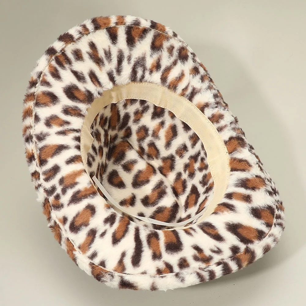 Brown Leopard Print Pattern Fuzzy Cowgirl Cowboy Brim Fur Fedora Western Hat